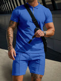 Leisure Waffle Polo Shirt Set Sports Set coofandy Blue M