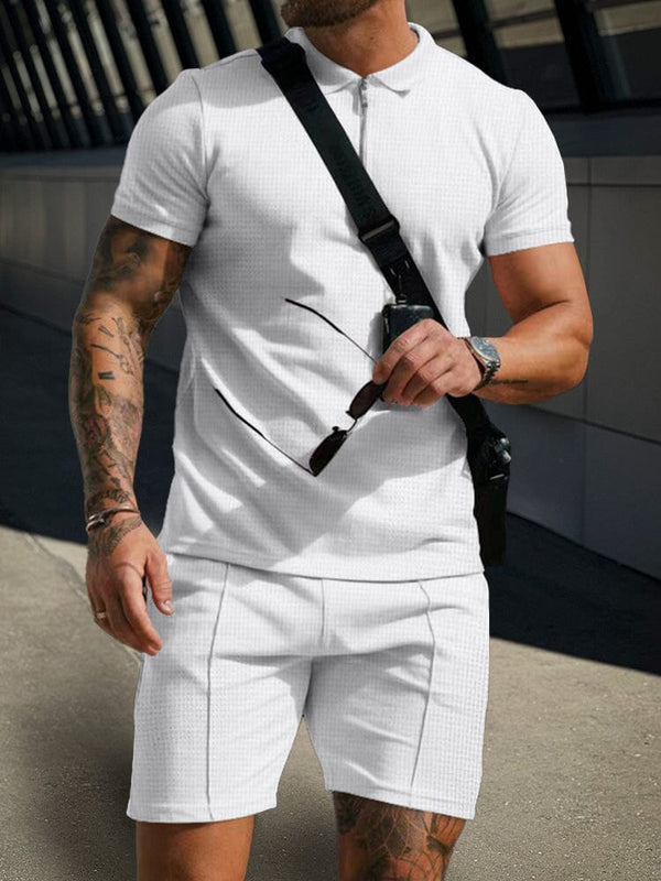 Leisure Waffle Polo Shirt Set Sports Set coofandy White M