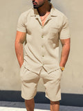 Versatile Striped Textured Shirt Set Sets coofandy Khaki S