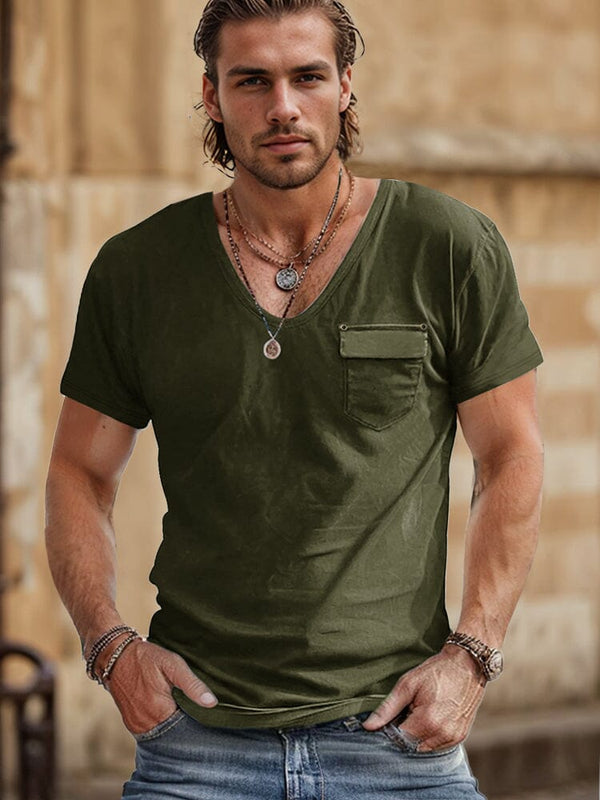 Casial Versatile U-Neck Tee T-Shirt coofandy Army Green S