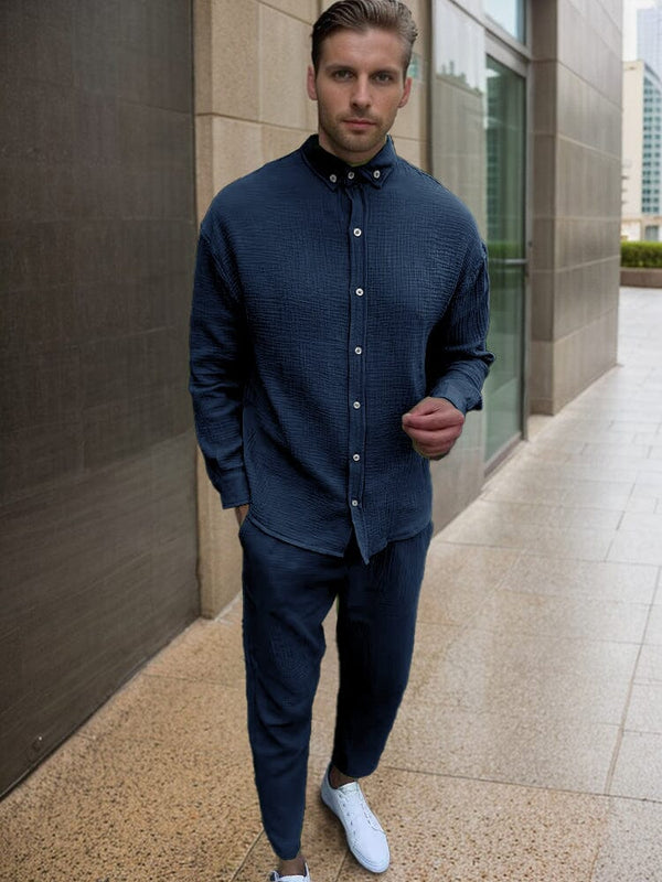 Soft Touch Textured Shirt Set Sets coofandy Navy Blue S