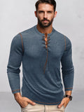 Ribbed Contrast Drawstring Henley Shirt Shirts coofandy Blue M