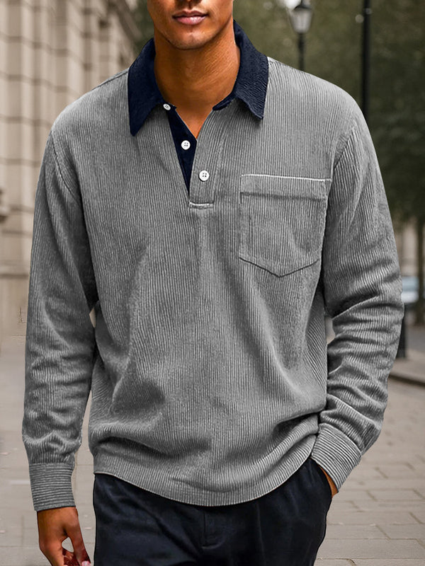 Versatile Color Block Corduroy Polo Shirt