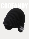 Warm Earflaps Knit Cuffed Beanie Hat coofandy Black F