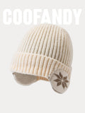 Warm Earflaps Knit Cuffed Beanie Hat coofandy Beige F