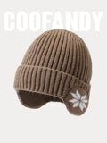 Warm Earflaps Knit Cuffed Beanie Hat coofandy Khaki F