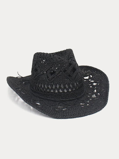 Breathable Hollow Woven Straw Hat Hat coofandy Black F(56-58) 