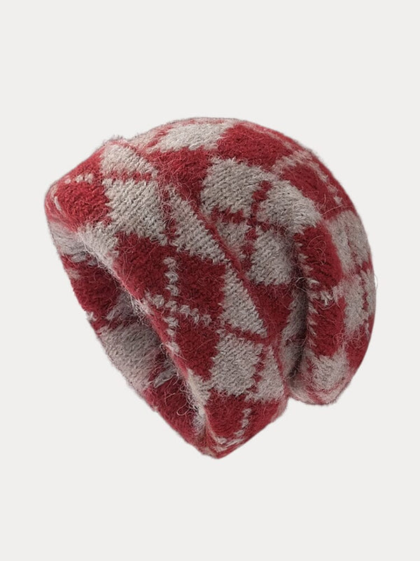 Comfy Checkered Knit Beanie Accessories coofandystore Red One Size