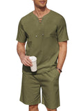 Casual Cotton Linen Lace Up Shirt Set (US Only) Sets coofandy Army Green S