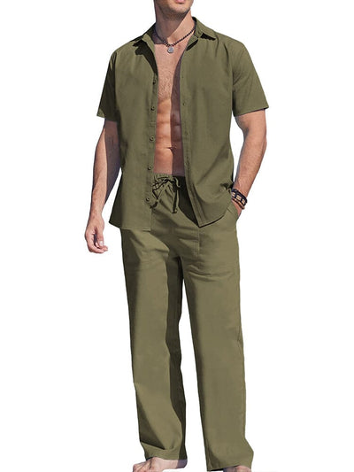 Casual Solid Holiday Linen Set (US Only) Sets coofandy Army Green S 