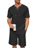Casual Cotton Linen Lace Up Shirt Set (US Only) Sets coofandy Black S