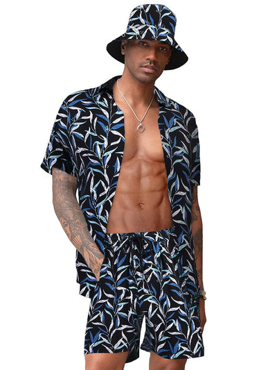 Hawaiian Beach Sets with Bucket Hat (US Only) Sets coofandy Blue White S 