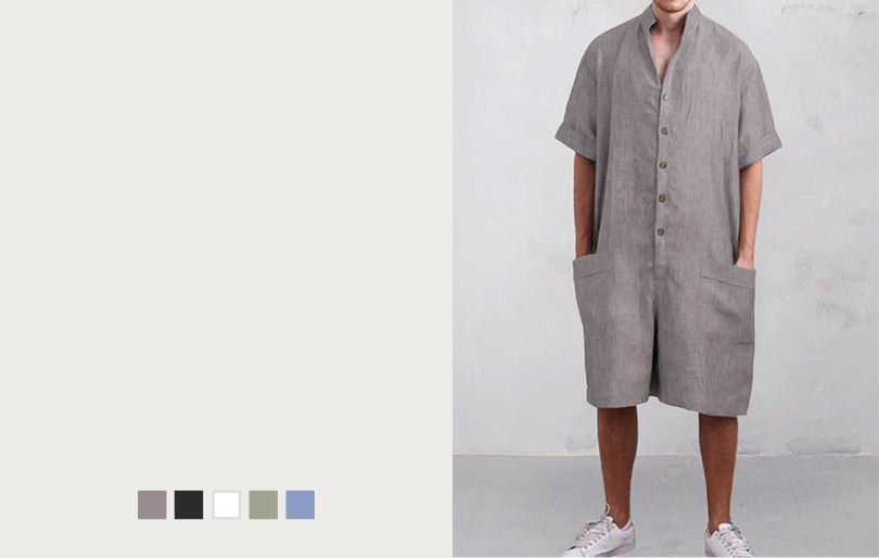 Stand Collar Cotton Linen Jumpsuit