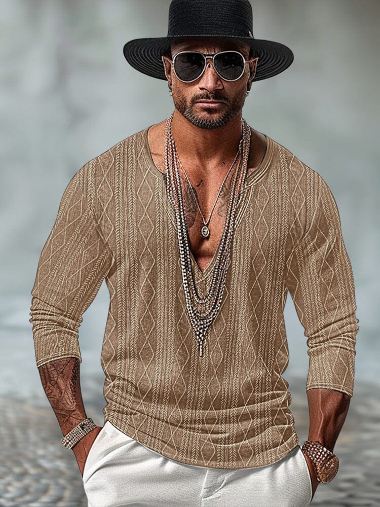 Stylish V-Neck Knit Jacquard Top T-shirt coofandy Khaki M 