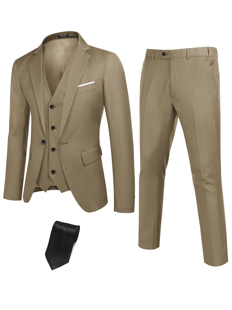 Classic 3-Piece Suit Set with Tie (US Only) Suit Set coofandy Khaki S 