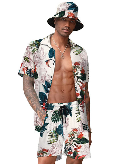 Hawaiian Beach Sets with Bucket Hat (US Only) Sets coofandy Khaki Leaves S 