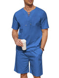 Casual Cotton Linen Lace Up Shirt Set (US Only) Sets coofandy Sky Blue S