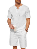 Casual Cotton Linen Lace Up Shirt Set (US Only) Sets coofandy White S