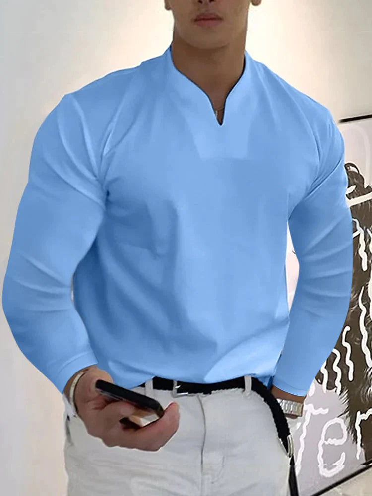 Loose V Neck Long Sleeves Shirt T-Shirt coofandy Blue S 