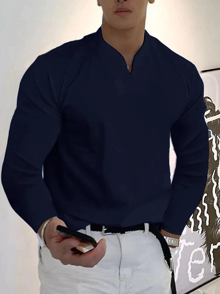 Loose V Neck Long Sleeves Shirt T-Shirt coofandy Navy Blue S 