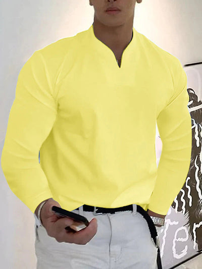Loose V Neck Long Sleeves Shirt T-Shirt coofandy Yellow S 