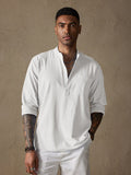 Linen V-neck Beach Long-sleeved Shirt Shirts & Polos coofandystore White S