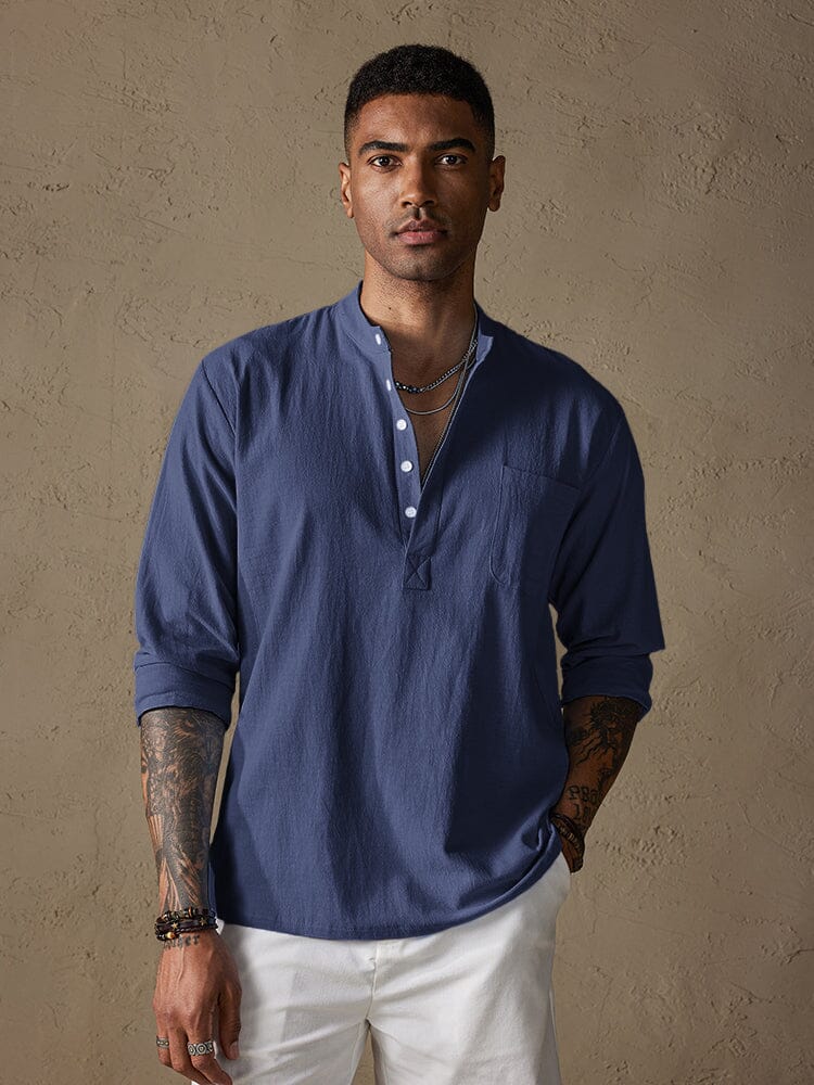 Linen V-neck Beach Long-sleeved Shirt Shirts & Polos coofandystore Navy Blue S 