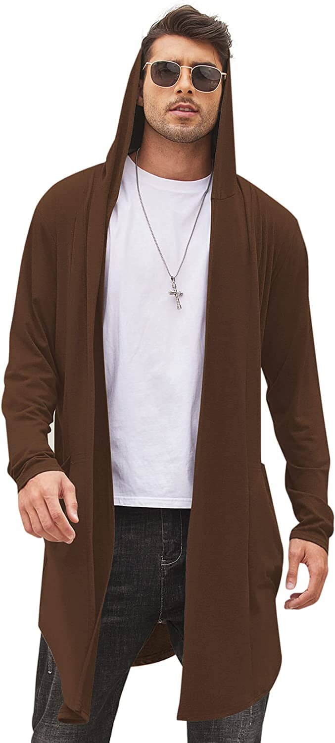 Long Hooded Shawl Collar Overcoat with Pockets (US Only) Sweaters Coofandy's Brown S 