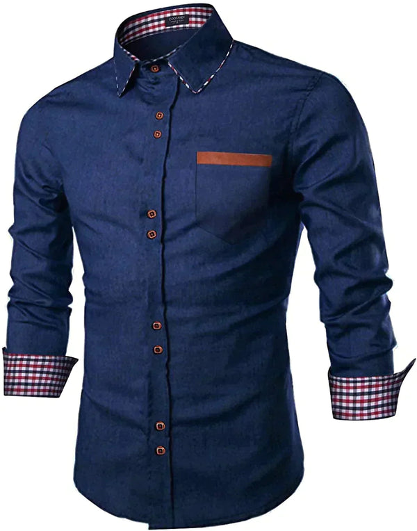 Casual Button Down Denim Shirt with Pocket (US Only) Shirts COOFANDY Store Dark Blue S