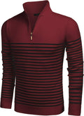 Striped Zip Up Mock Neck Pullover Sweaters (US Only) Sweaters COOFANDY Store Red S