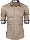 Plaid Collar Button Cotton Dress Shirt (US Only) Shirts COOFANDY Store Khaki S