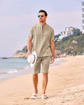 Casual 2 Pieces Cotton Linen Henley Shirt Set (US Only) Sets coofandy