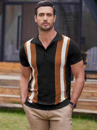 Vintage Stripe Short Sleeve Knitted Polo Shirt (US Only) Polos COOFANDY Store 