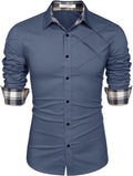 Plaid Collar Button Cotton Dress Shirt (US Only) Shirts COOFANDY Store Denim Blue S