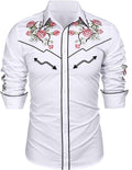 Western Cowboy Embroidered Button Down Cotton Shirt (US Only) Shirts COOFANDY Store White (Rose) S