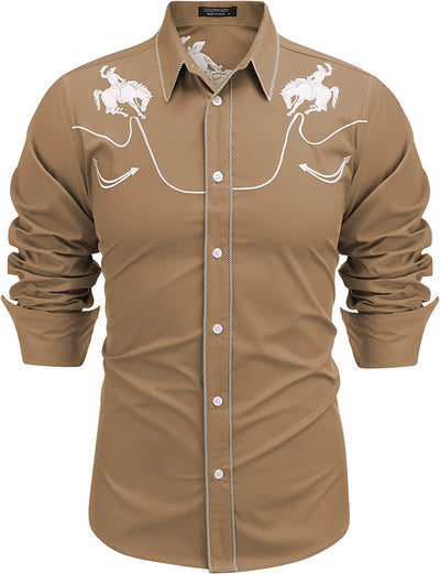 Embroidered Cowboy Button Down Shirt (US Only) Shirts COOFANDY Store Horse Khaki S 