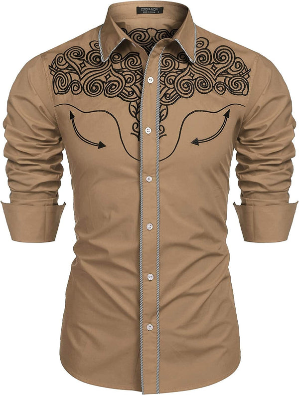 Embroidered Cowboy Button Down Shirt (US Only) Shirts COOFANDY Store Khaki S