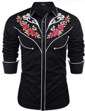 Western Cowboy Embroidered Button Down Cotton Shirt (US Only) Shirts COOFANDY Store Black (Retro Rose) S