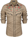 Western Cowboy Embroidered Button Down Cotton Shirt (US Only) Shirts COOFANDY Store Khaki (Rose) S