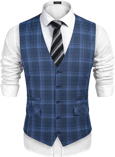 Slim Fit Business Suit Vest (US Only) Vest COOFANDY Store Plaid Blue S 