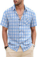 Classic Short Sleeve Plaid Cotton Shirts with Pocket (US Only) Shirts COOFANDY Store Light Blue S