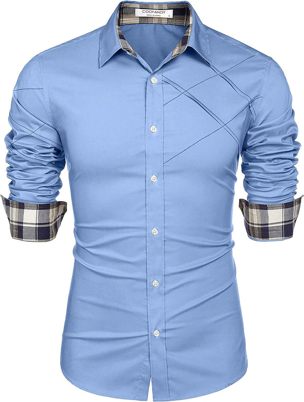 Plaid Collar Button Cotton Dress Shirt (US Only) Shirts COOFANDY Store Light Blue S