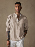 Linen V-neck Beach Long-sleeved Shirt Shirts & Polos coofandystore Khaki S