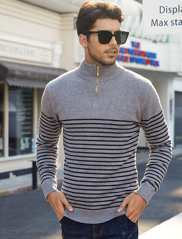 Striped Zip Up Mock Neck Pullover Sweaters (US Only) Sweaters COOFANDY Store