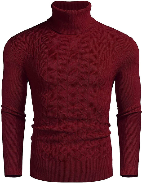 Slim Twist Pattern Turtleneck Knit Sweater (US Only) Sweaters COOFANDY Store Wine Red S