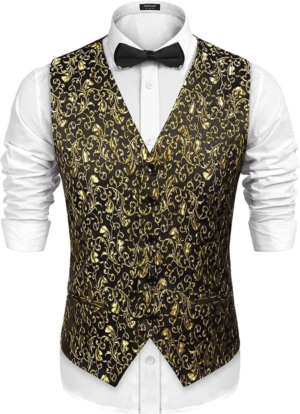 Floral Victorian Tuxedo Suit Vest (US Only) Vest COOFANDY Store Gold/Black S