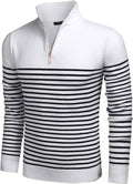 Striped Zip Up Mock Neck Pullover Sweaters (US Only) Sweaters COOFANDY Store White S