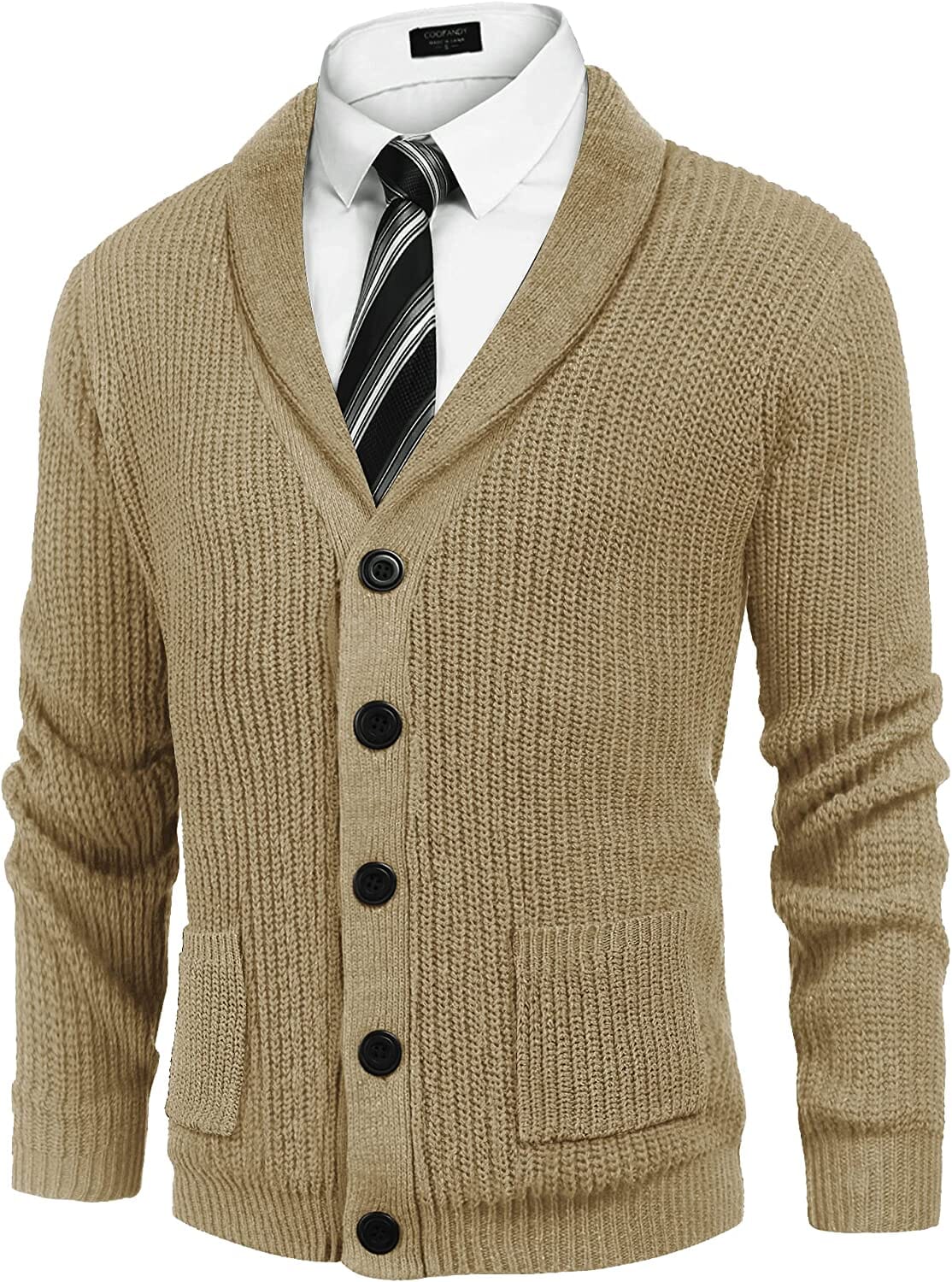 Lapel Button Up Cable Knit Cardigan with Pockets (US Only) Cardigans COOFANDY Store Dark Khaki S 