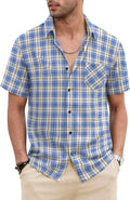 Classic Short Sleeve Plaid Cotton Shirts with Pocket (US Only) Shirts COOFANDY Store Blue S