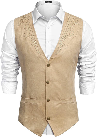 Western Suede Leather Vest Suit (US Only) Vest Coofandy's Beige S 
